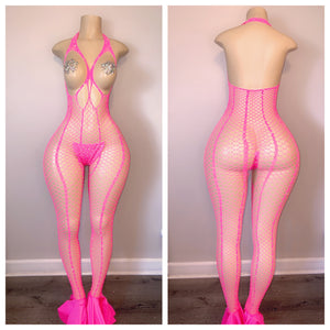 OPEN BOOB DIAMOND FISHNET WITH THONG AND PASTIES AND FLARE FITS XS-LARGE