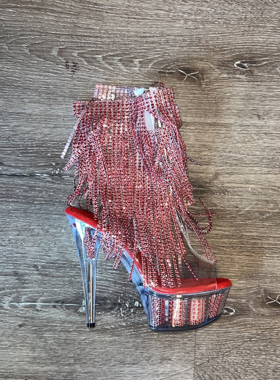 RED CLEAR  ANKLE FRINGE BOOTS