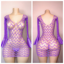 Load image into Gallery viewer, DIAMOND LONG SLEEVE DRESS WITH FLARES AND MATCHING THONG ONE SIZE