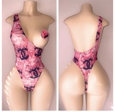 PINK/BLACK DIAMOND OPEN BOOB ONE PIECE FITS S-L